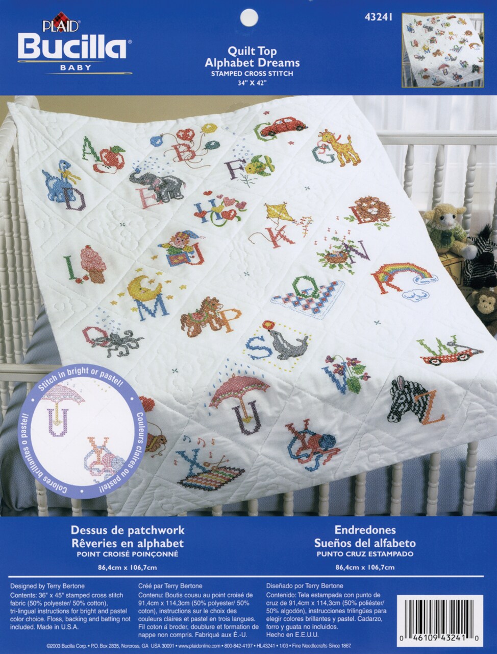 Bucilla Stamped Cross Stitch Baby Quilt Top 34"X43"-Alphabet Dreams